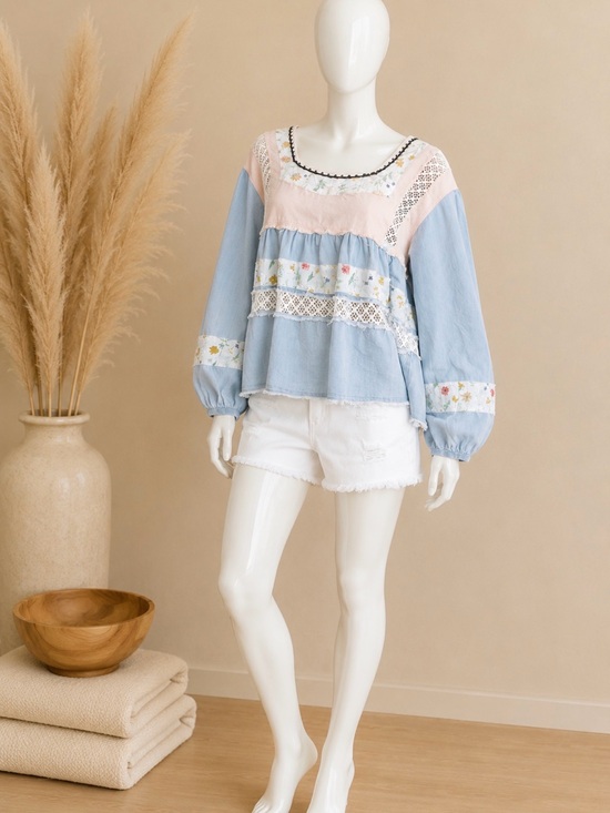 POL Tops - POL Boho Floral Lace Colorblock Babydoll Top- NWOT